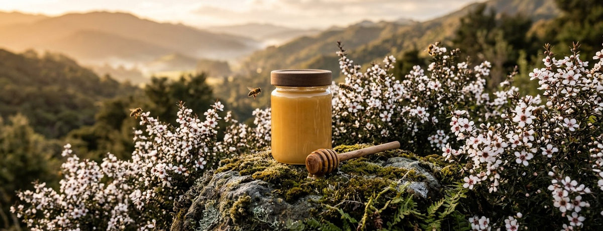 A jar of golden Manuka honey and a wooden dipper on a mossy rock among flowering Manuka bushes in the New Zealand hills