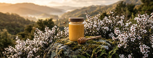 A jar of golden Manuka honey and a wooden dipper on a mossy rock among flowering Manuka bushes in the New Zealand hills